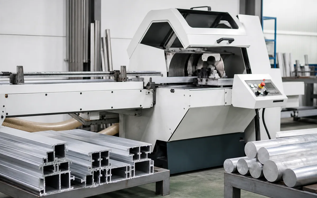 White high-speed aluminium circular saw with aluminium extrusions and solid bars