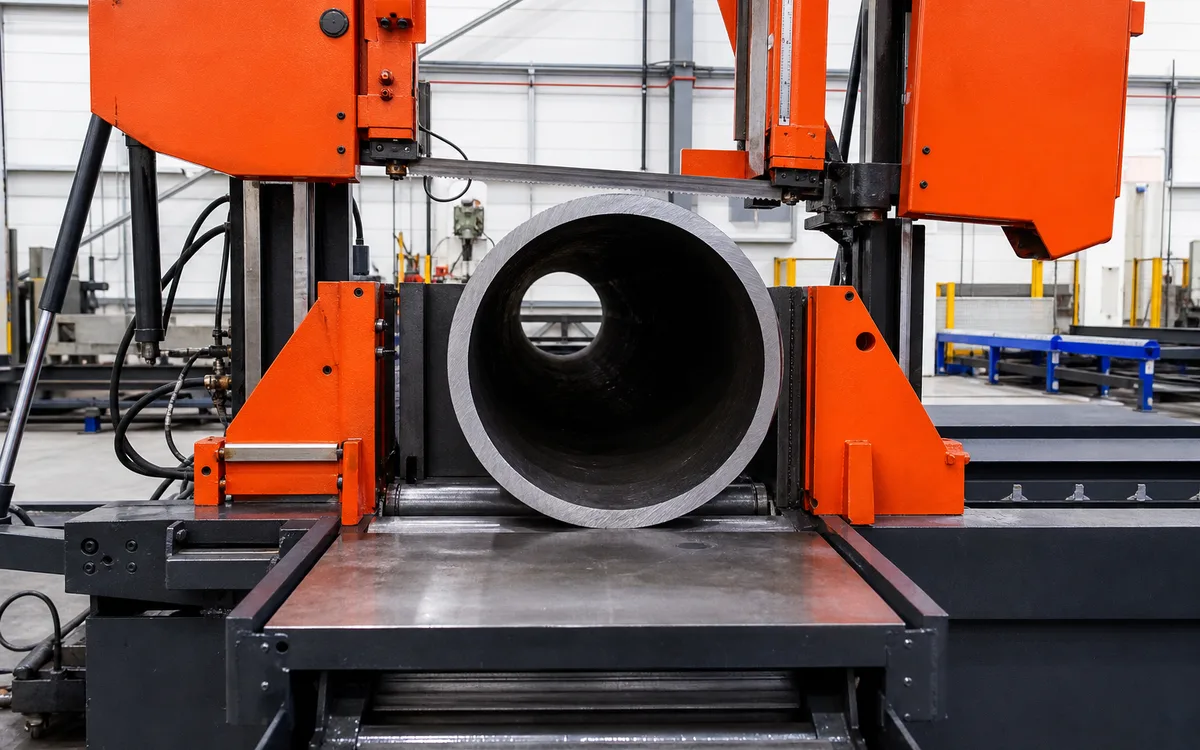 Large round steel section held in an orange production band saw