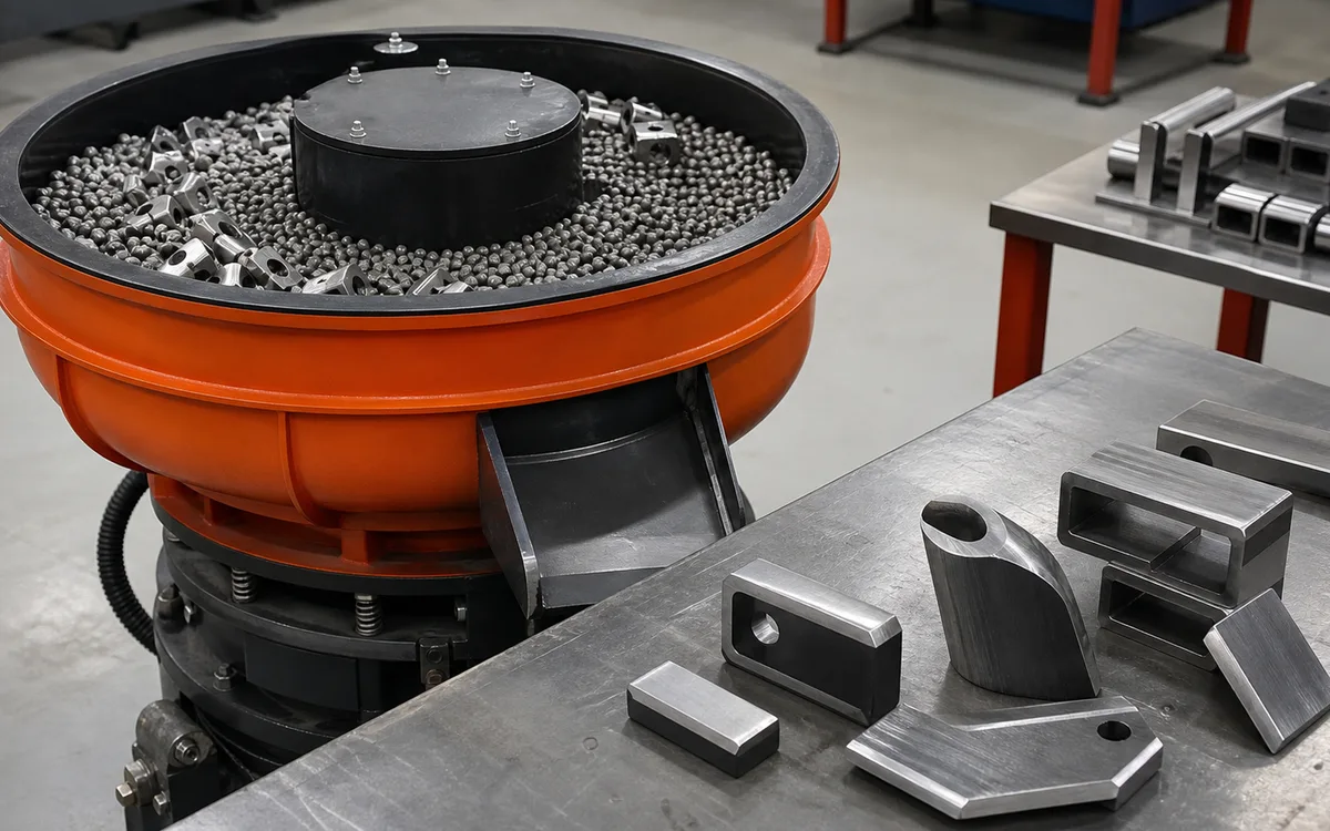 Industrial deburring bowl with finished metal parts on a workshop bench