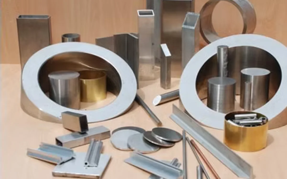 Assorted steel and aluminium sections displayed on a workshop bench